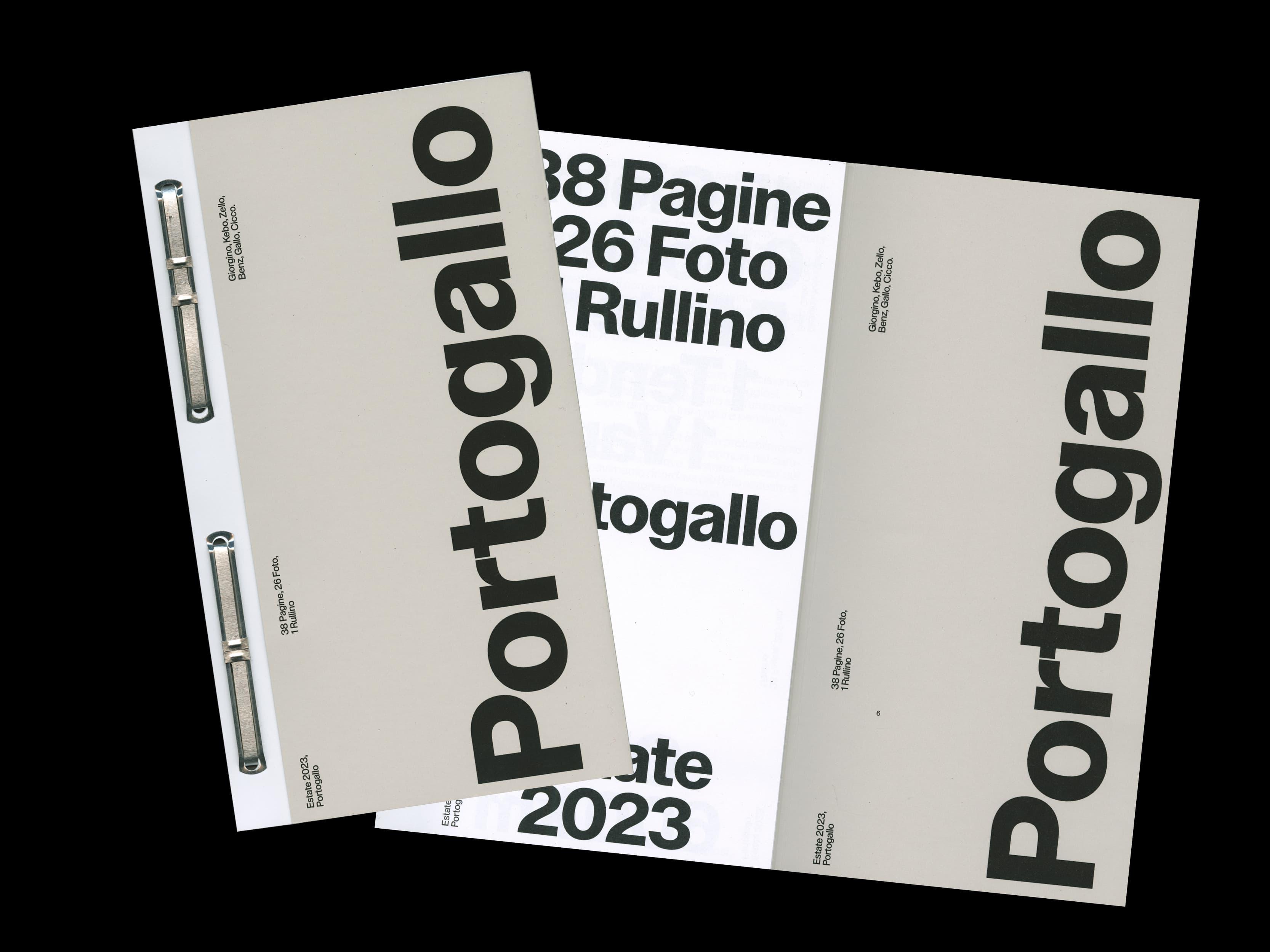 The booklet Portogallo, Estate 2023: a grey archive-style cover with metal clips and large vertical type, and an open page listing its numbers.
