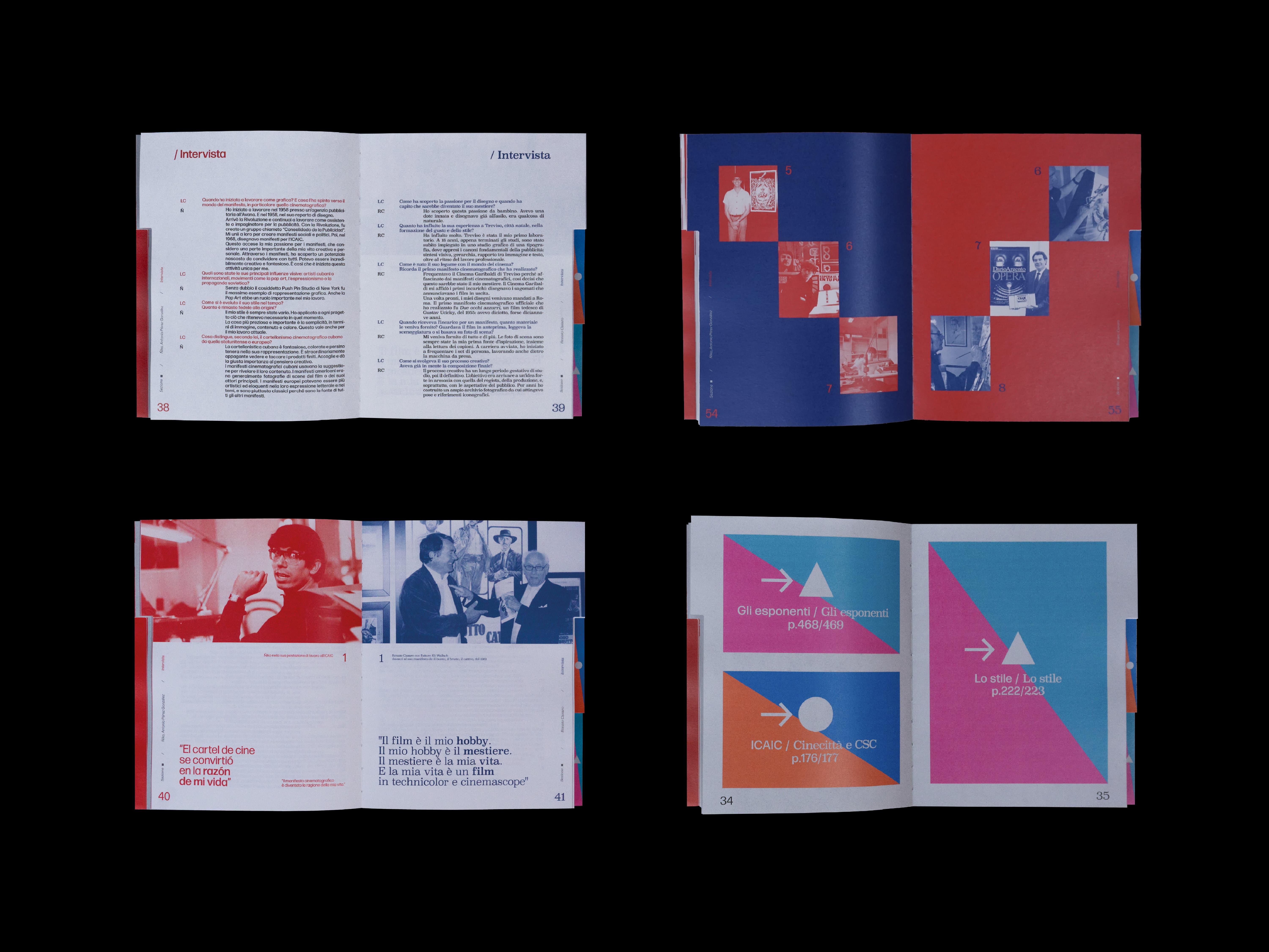 Four spreads on black showing an index, red and blue photo collages, and pink and turquoise diagram pages with arrows.