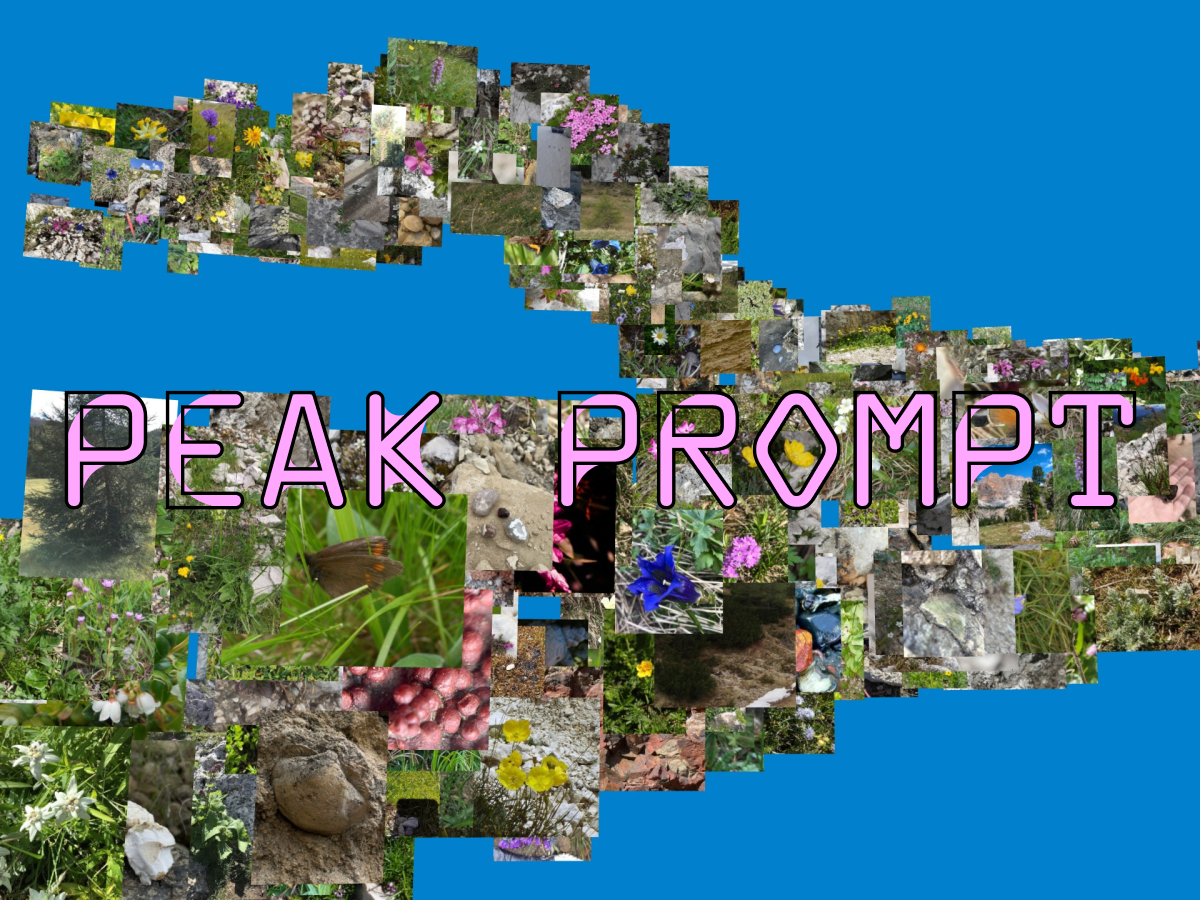 Blue poster with a mountain-shaped collage of landscape photos and the words "Peak Prompt".