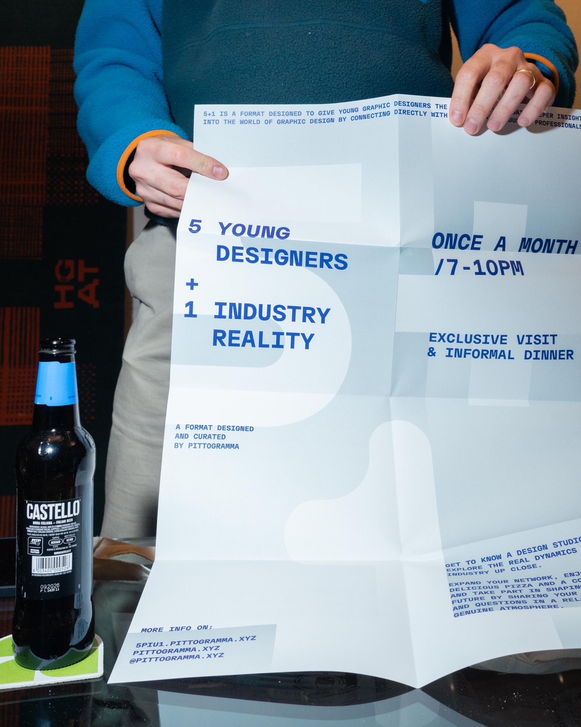 5+1 poster reading "5 young designers + 1 industry reality" held above a table.