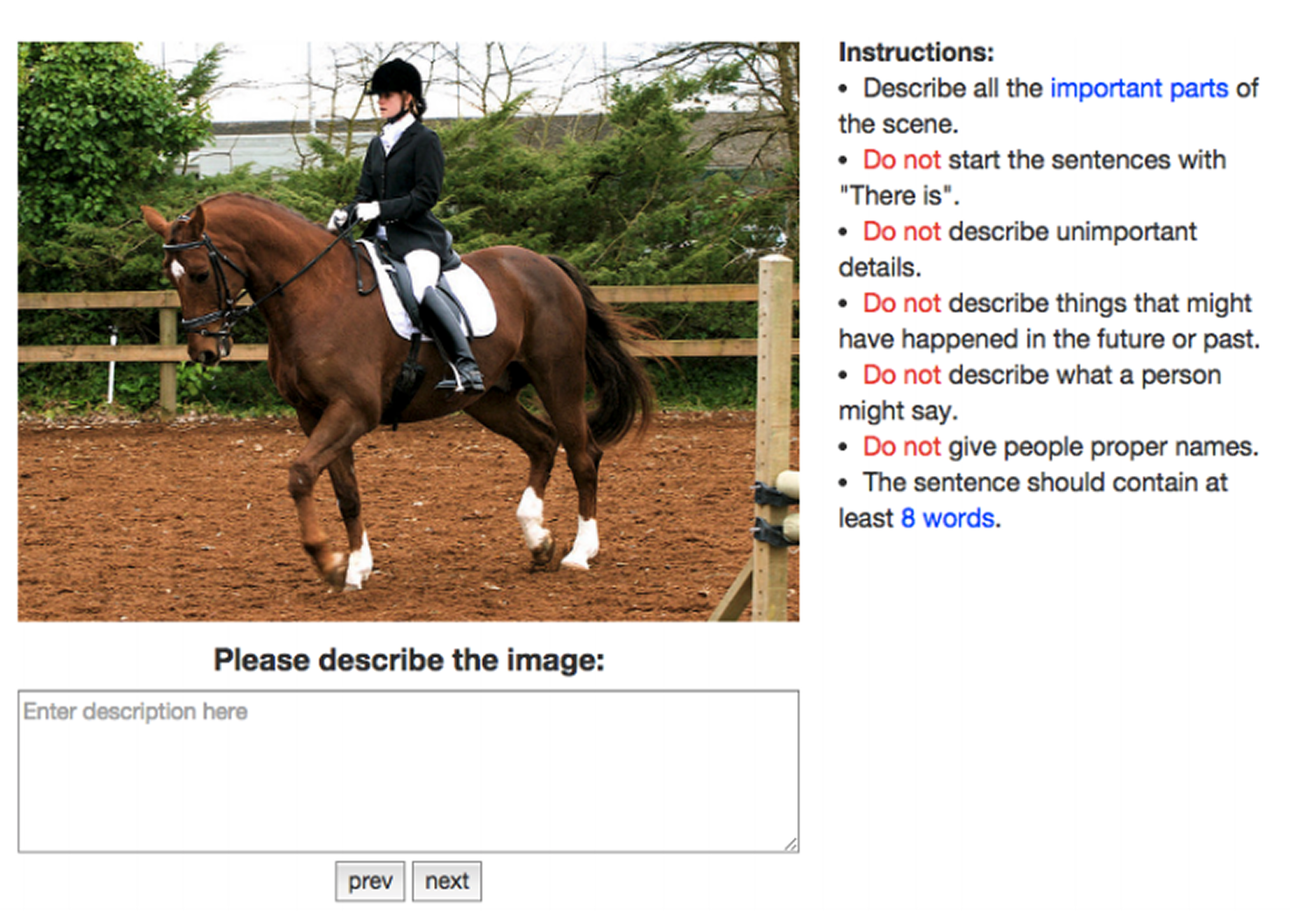 COCO Captions interface asking workers to describe a rider on a brown horse.