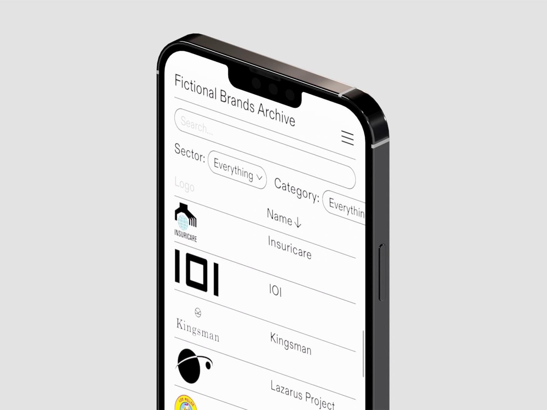 Smartphone showing the Fictional Brands Archive interface.