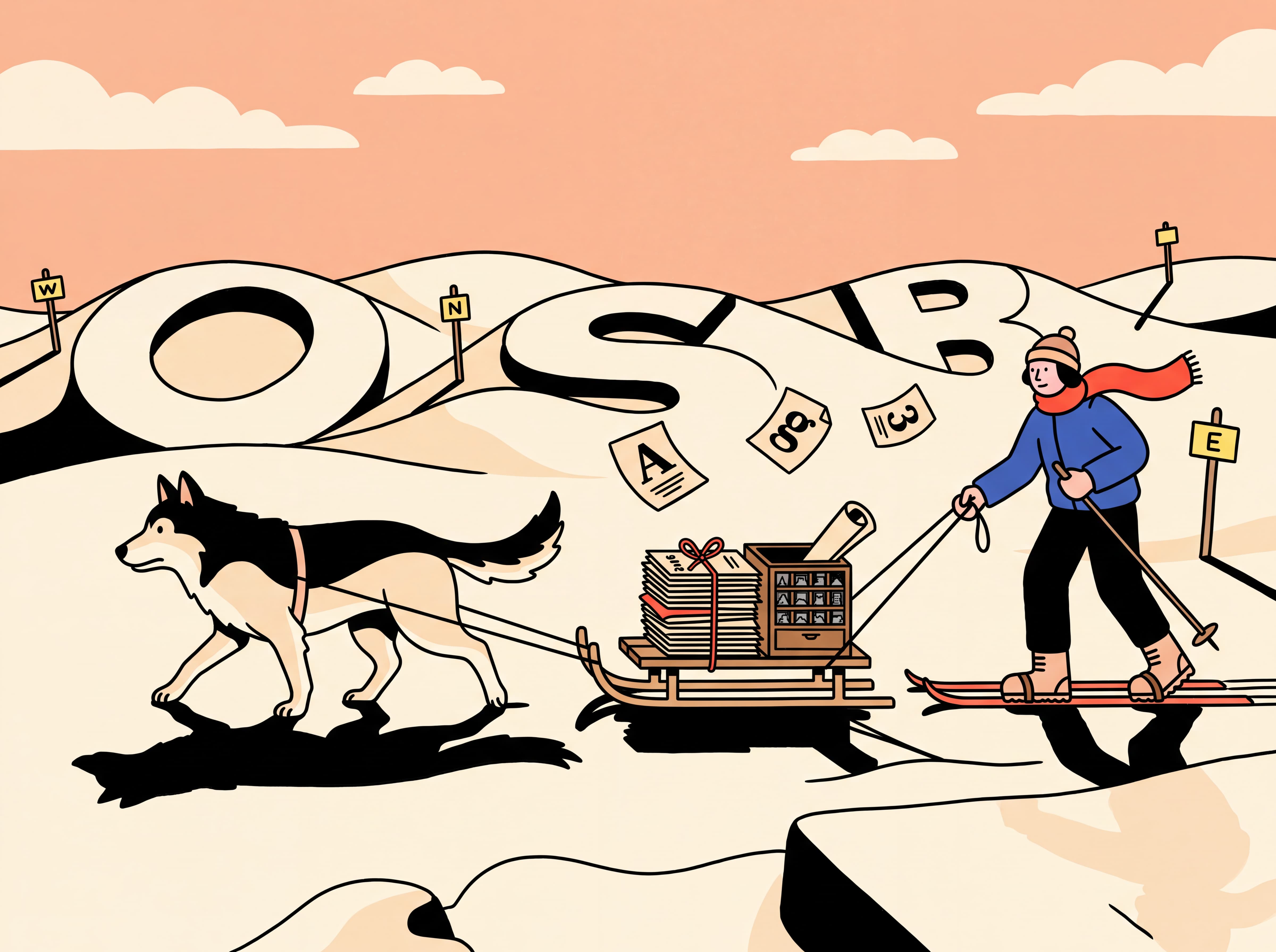 A researcher on skis follows a husky pulling a sled of type specimens across a snowy landscape of giant carved letters.