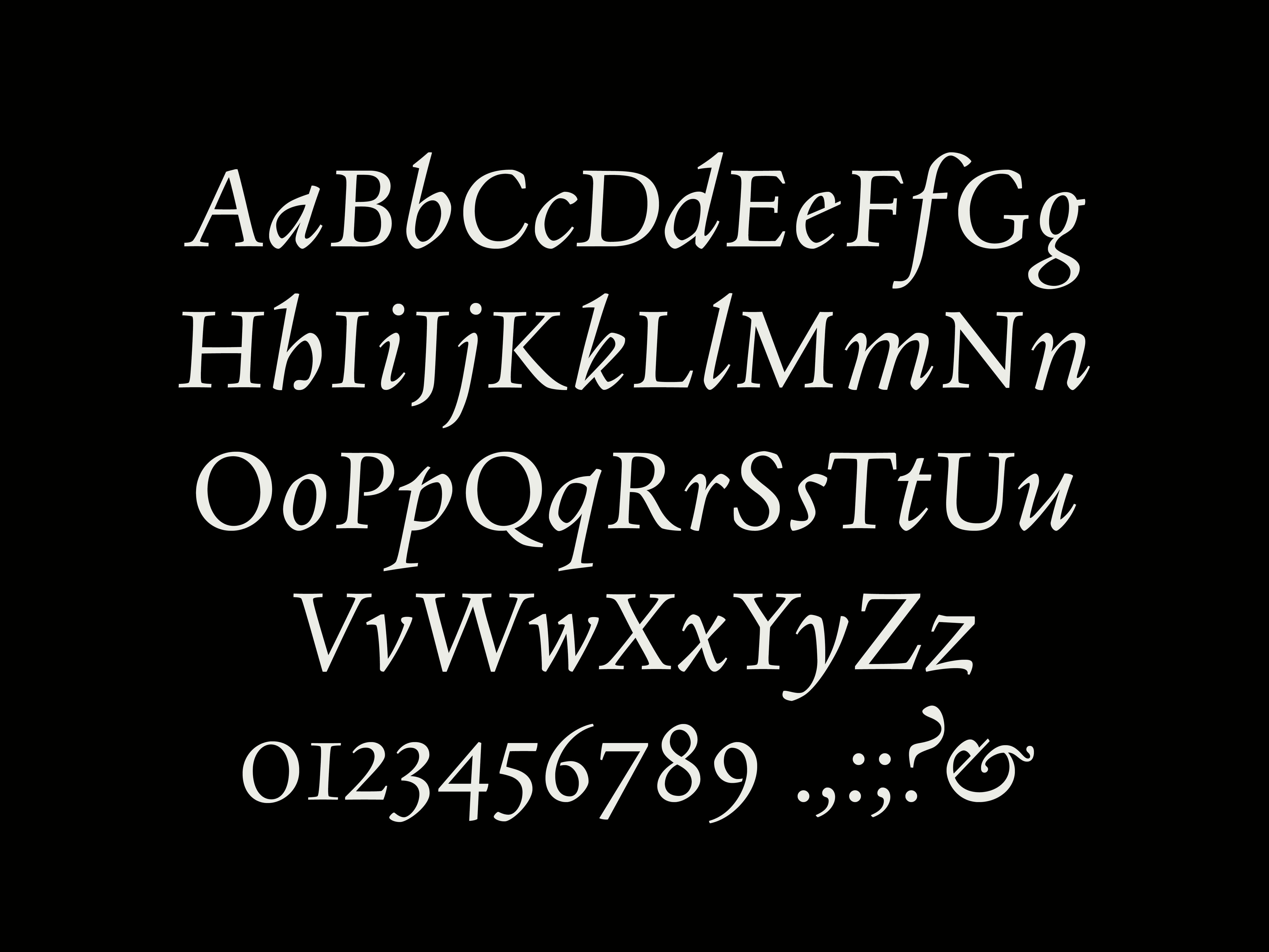 White serif alphabet on a black Fano specimen poster.