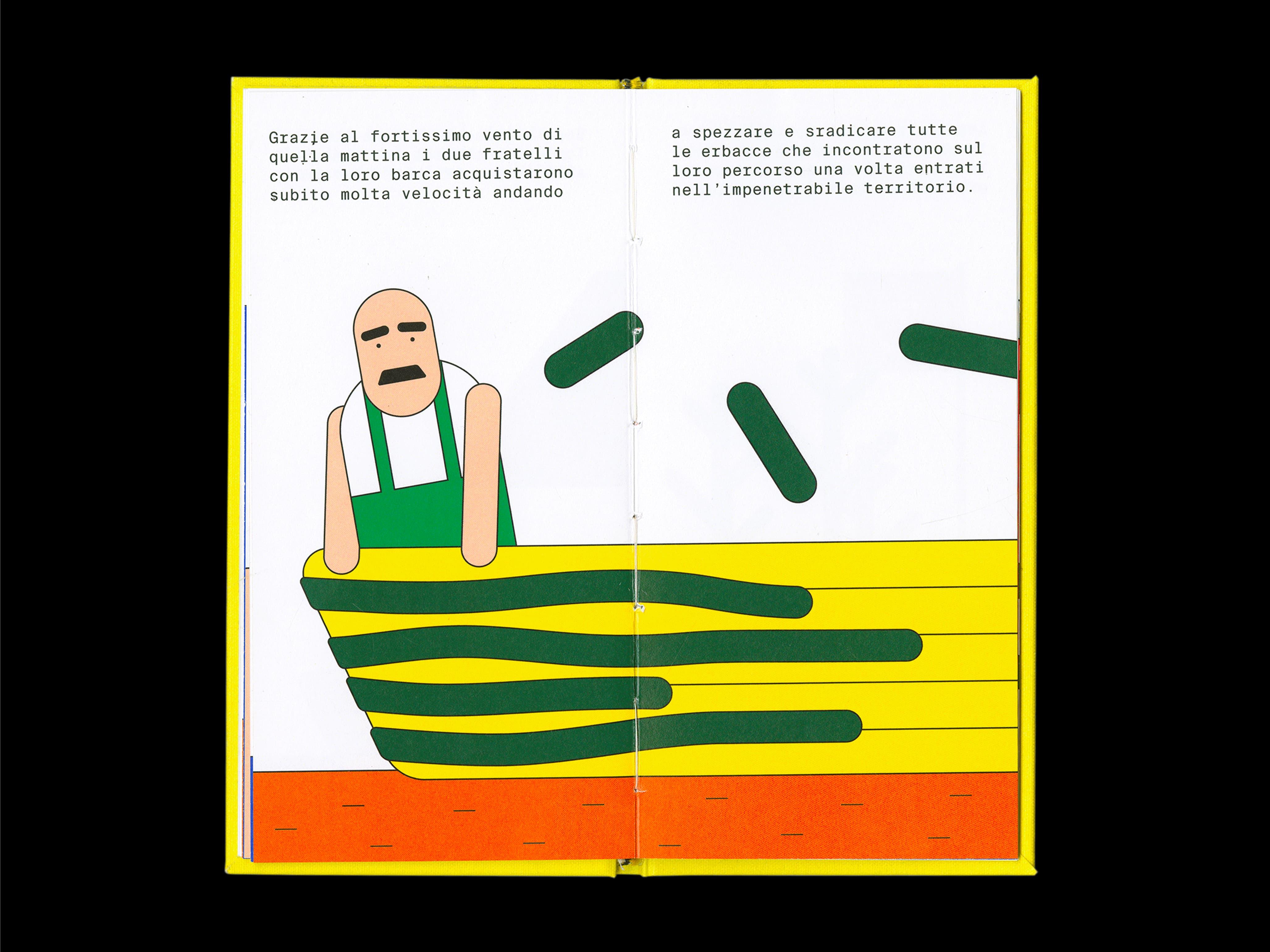 Open Toni e Bepi book spread showing a brother in a yellow boat on a stylised lagoon.