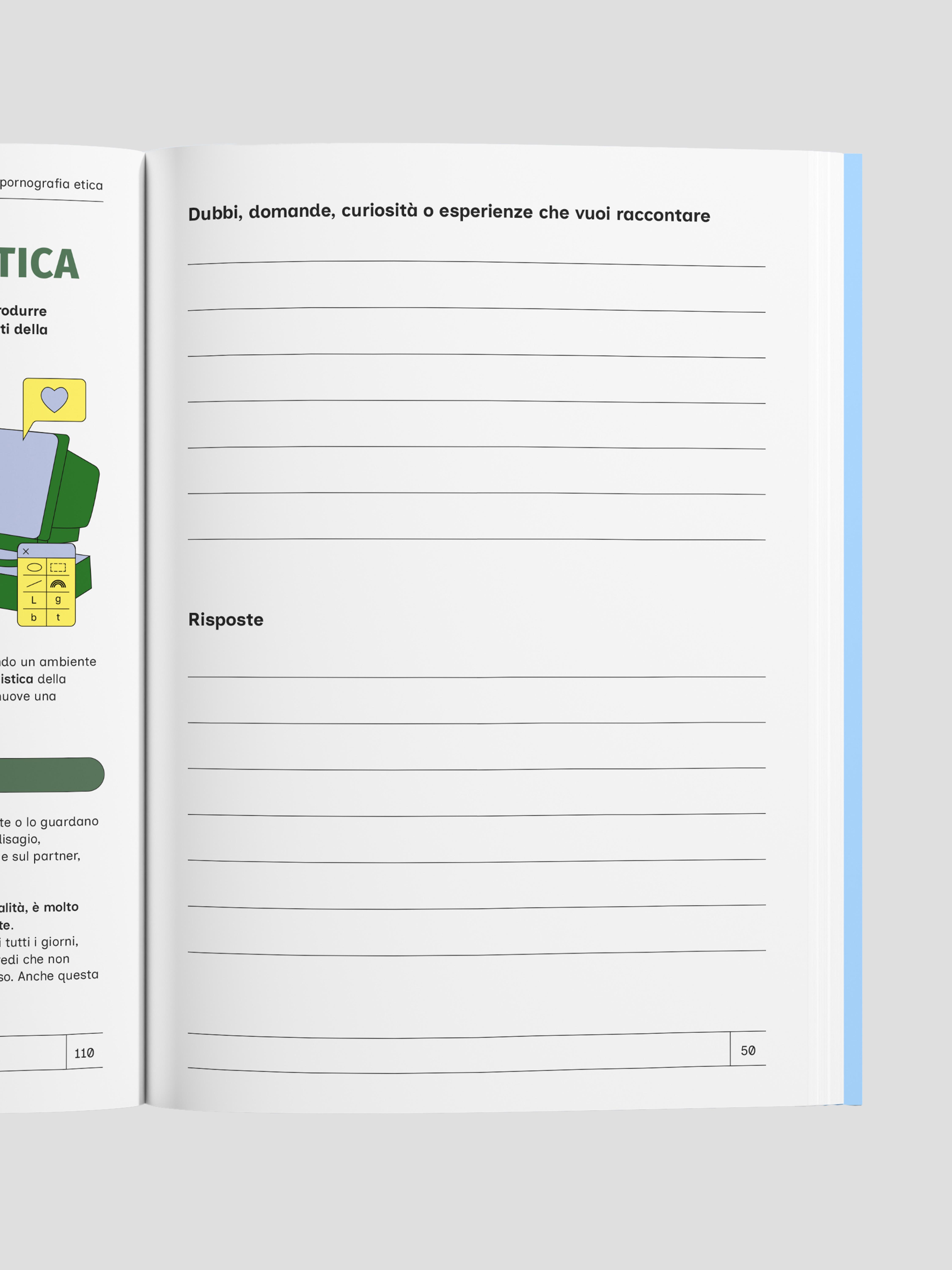 Open Facciamolo Meglio spread with colorful diagrams and guided questions about sexuality and relationships.