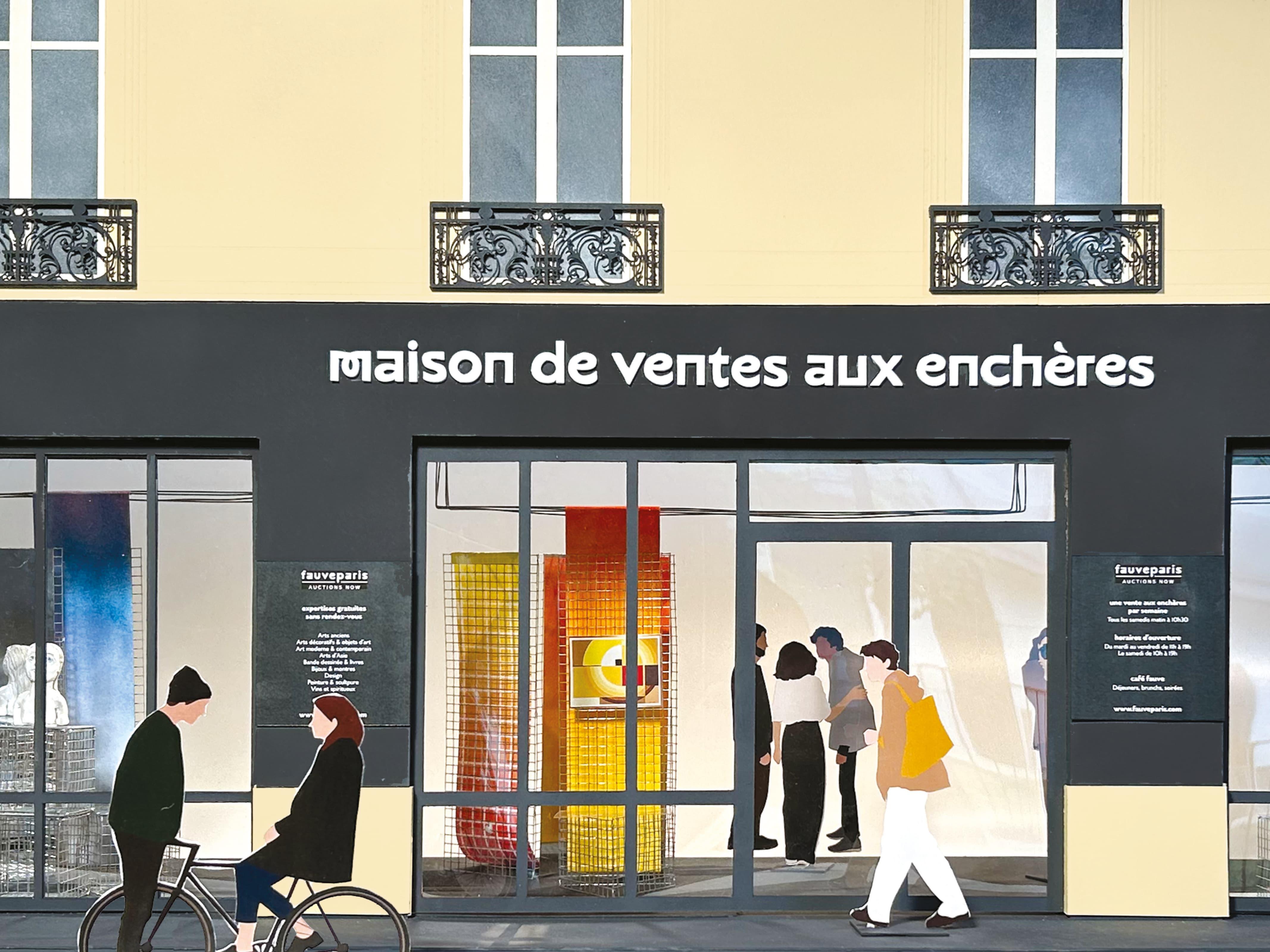 Illustrated auction-house storefront with people walking outside.