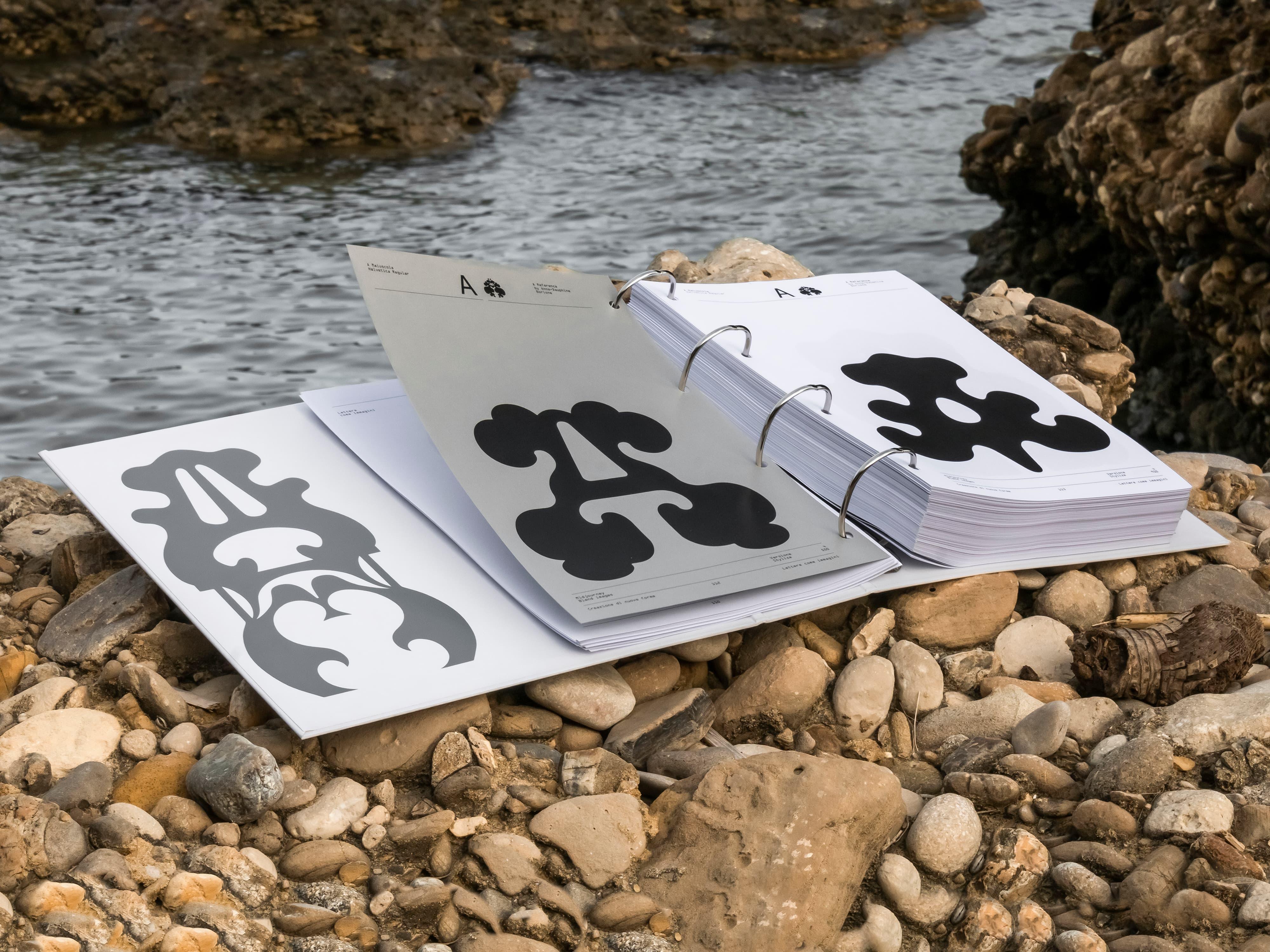 Black-and-white Lettere come immagini binder on river stones.