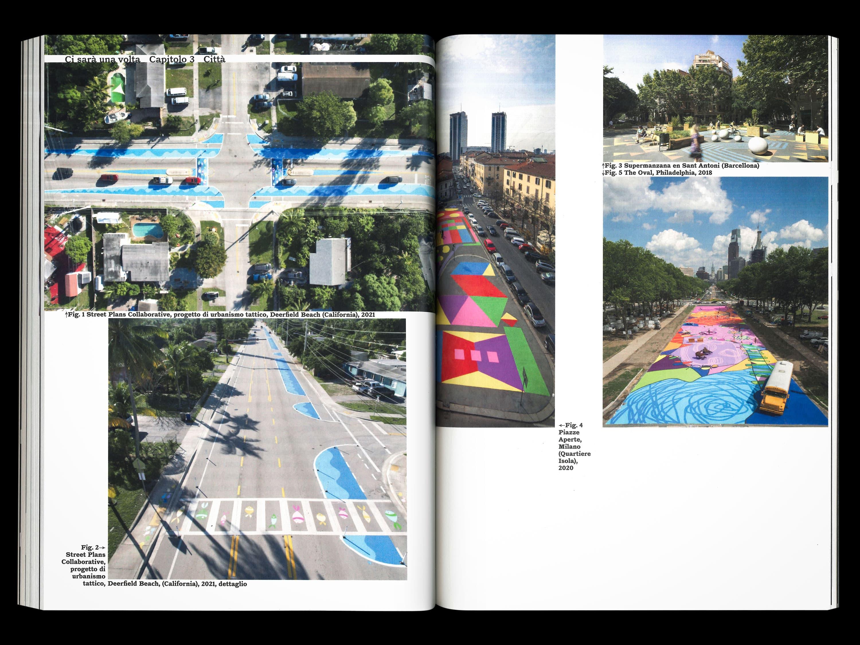 Open Ci sarà una volta book spread showing aerial photographs of colorful street-painting projects.