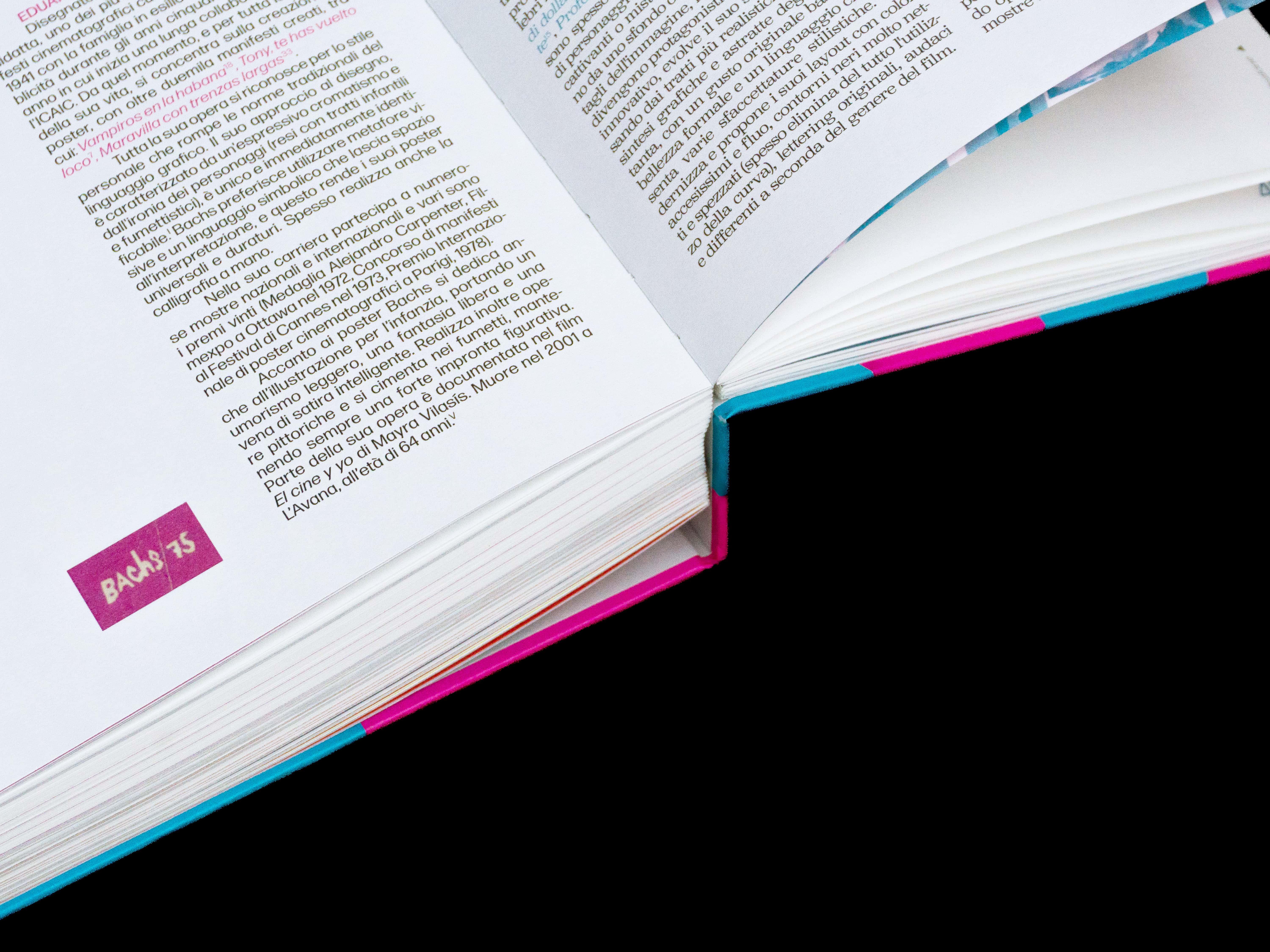 Close-up of an open text spread with a small magenta label on the left page.