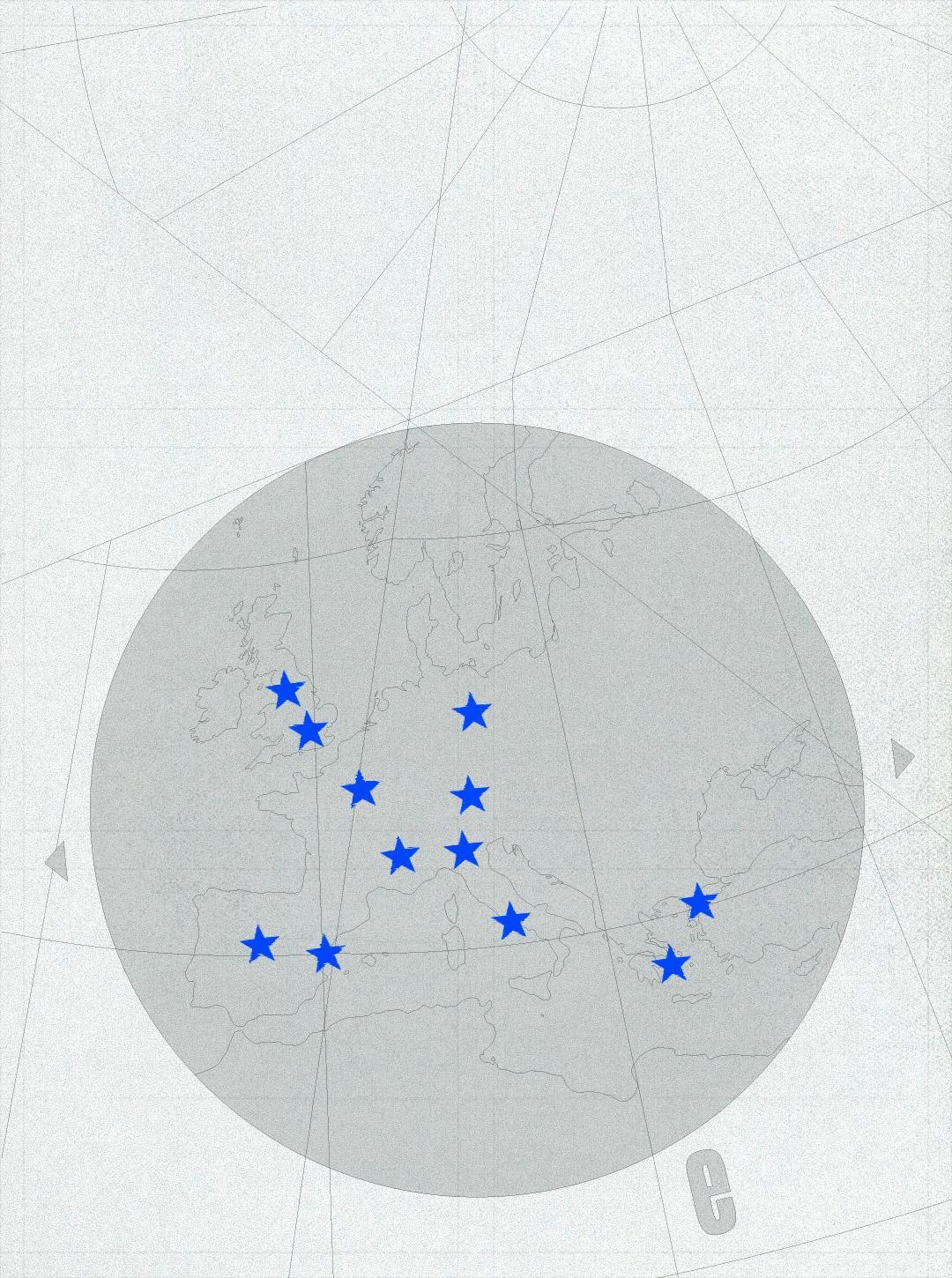 Grey poster with a map of Europe and blue stars marking NBA Europe locations.