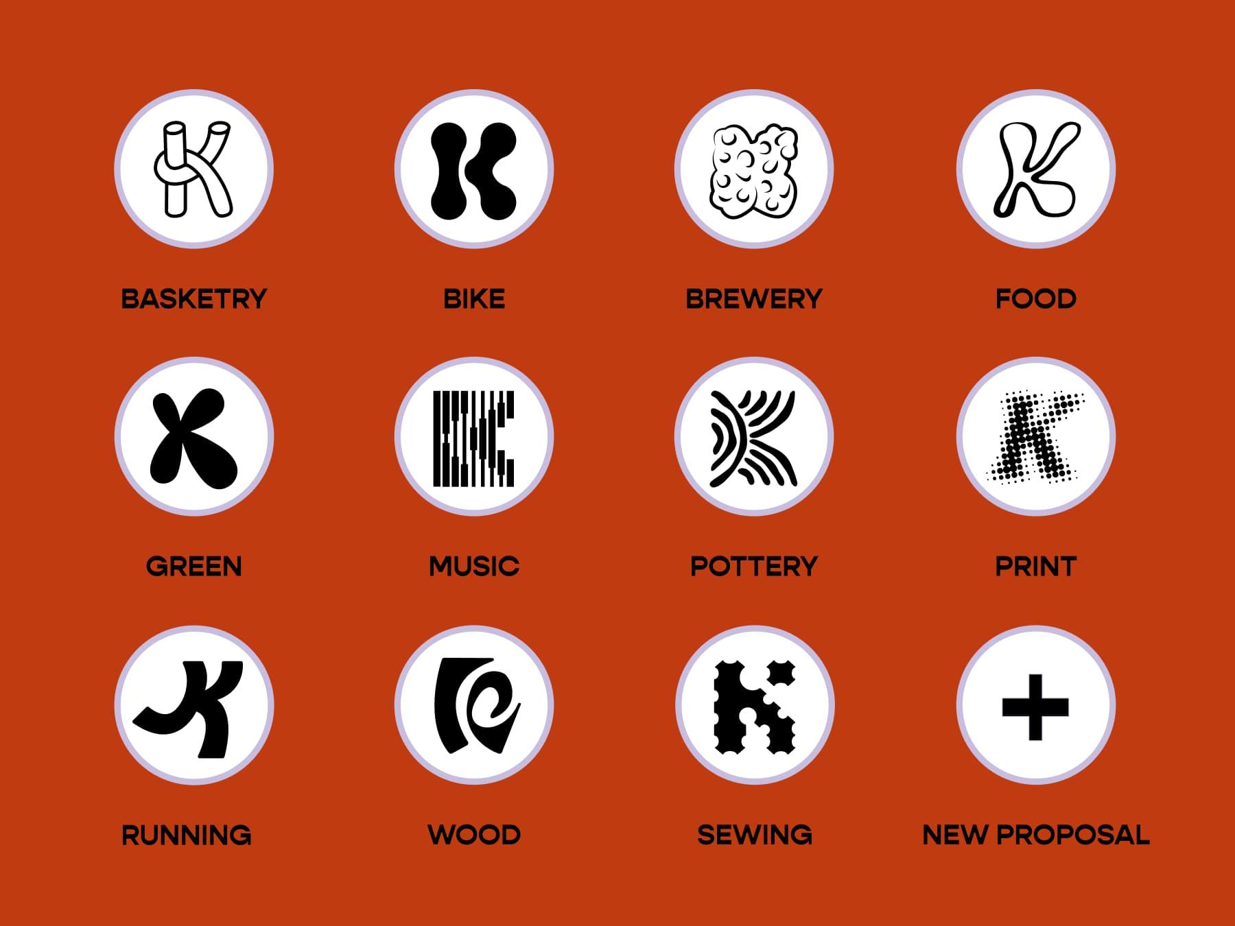Kraftoria icon set for basketry, bike, brewery, food, green, music, pottery, print, running, wood, sewing and new proposal.