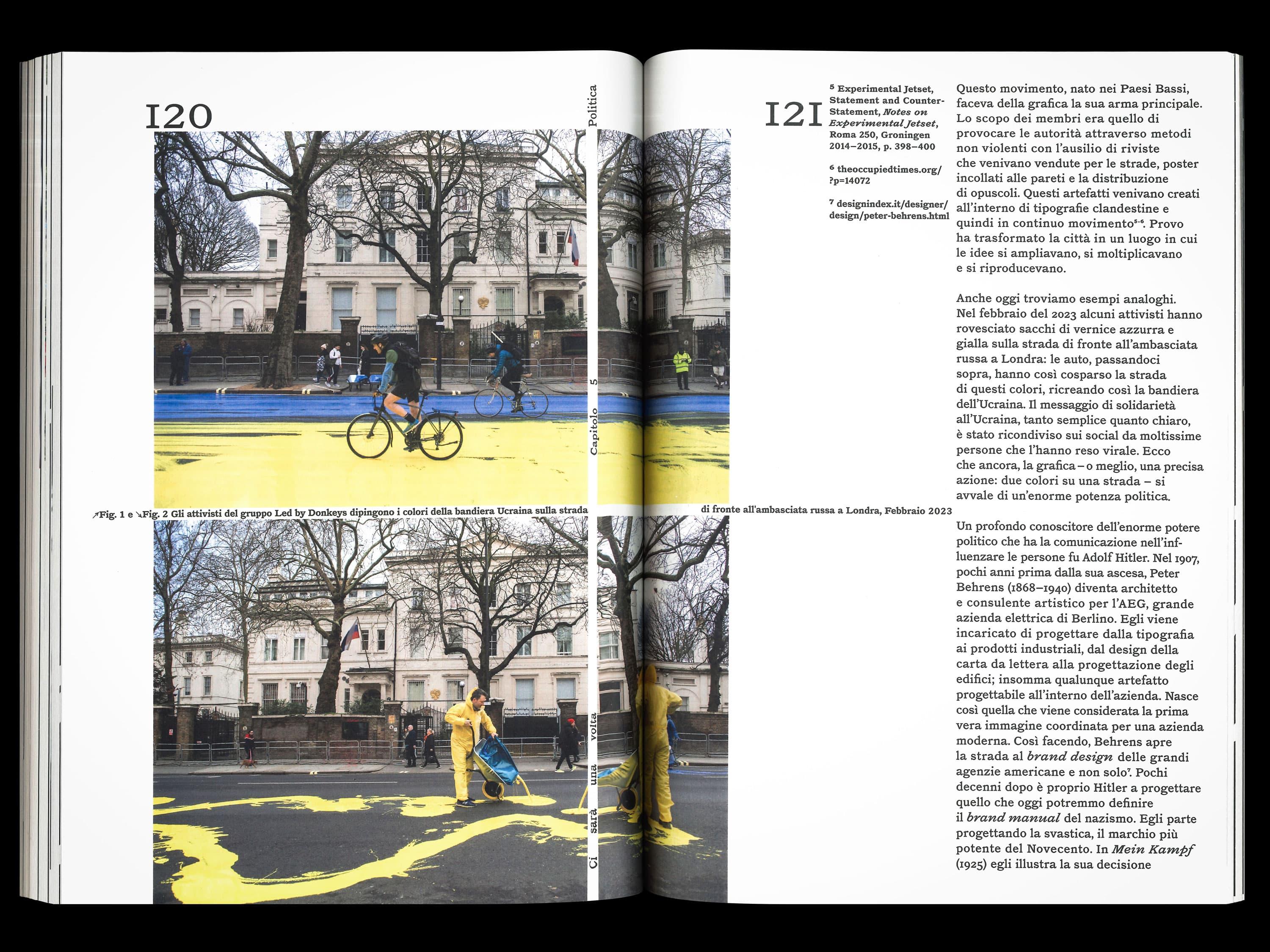 Open Ci sarà una volta book spread with photographs of a painted street and a cyclist.