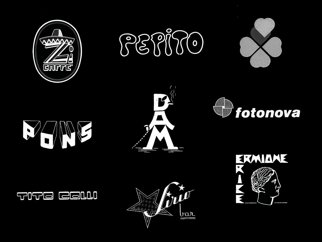 White logos and wordmarks arranged on a black background.