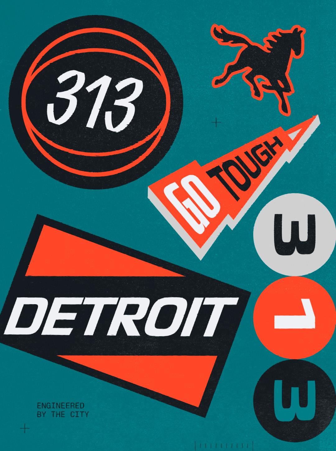 Turquoise Detroit poster with 313, a winged horse, "Go Tough" and red geometric shapes.