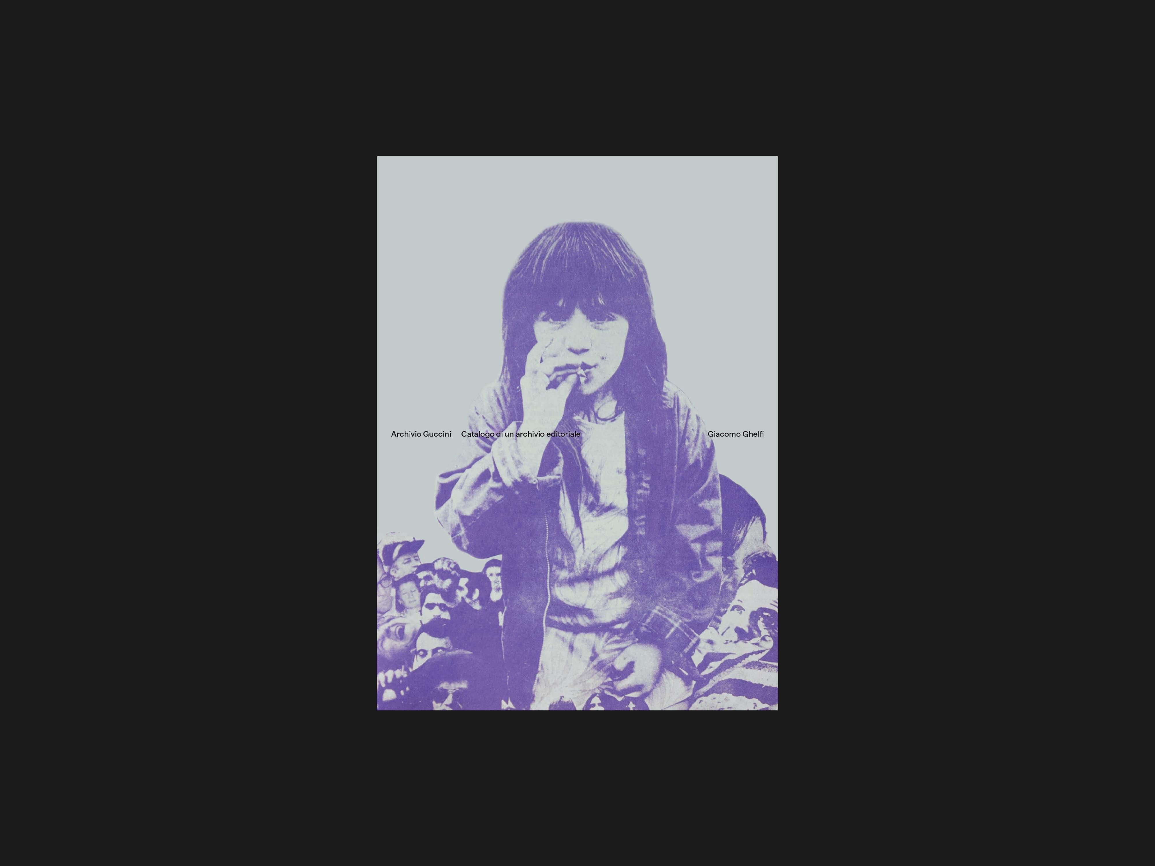 Purple halftone portrait on a pale poster against black.