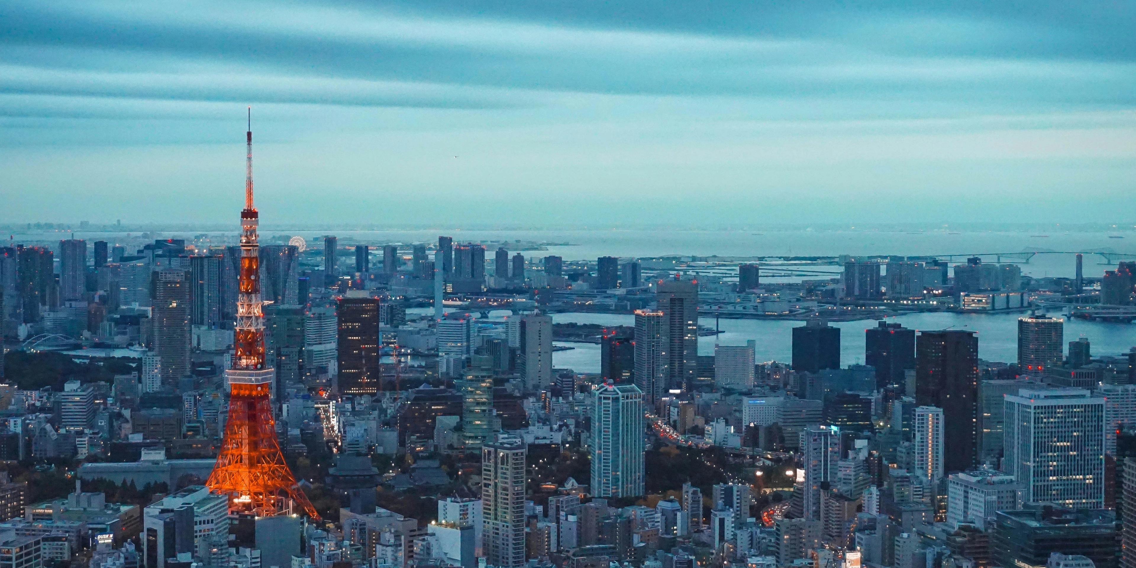 an aerial view of tokyo at night with the tokyo tower lit up .