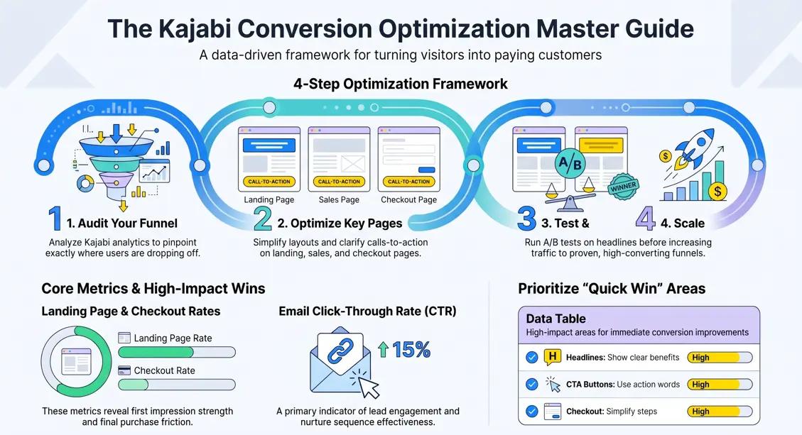 An infographic detailing the 4-step Kajabi conversion optimization framework: auditing funnels, optimizing key pages, testing changes, and scaling what works, including key metrics like landing page and checkout rates.
