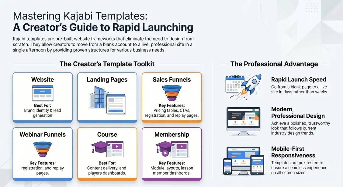 An overview infographic of different types of Kajabi templates including sales, course, and membership layouts designed for rapid launching