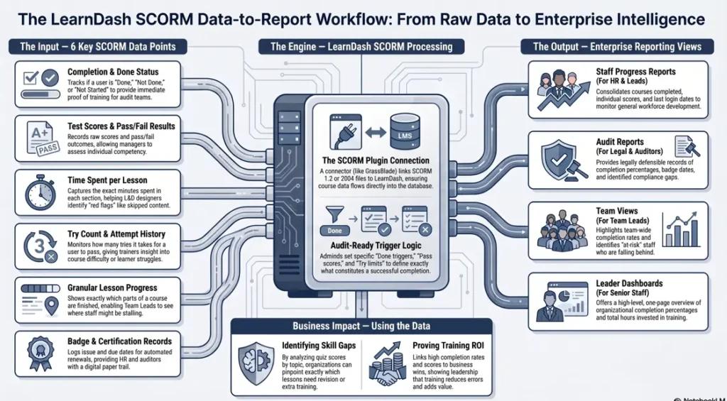 LearnDash SCORM workflow diagram showing how raw training data flows into specialized reports for HR, Audit, and Leadership.