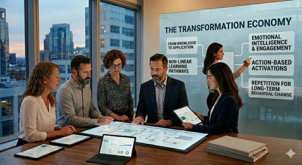 A high-tech corporate boardroom setting where professionals use a digital glass display to outline "The Transformation Economy" and a transformational curriculum framework. The screen highlights five core phases of curriculum design: From Knowledge to Application, Non-Linear Learning Pathways, Emotional Intelligence & Engagement, Action-Based Activations, and Repetition for Behavioral Change.