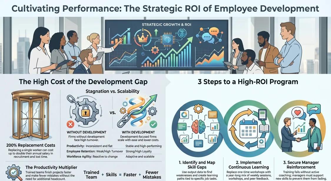 An infographic showing a diverse group of professionals collaborating in a modern, sunlit office to visualize growth through strategic employee development programs