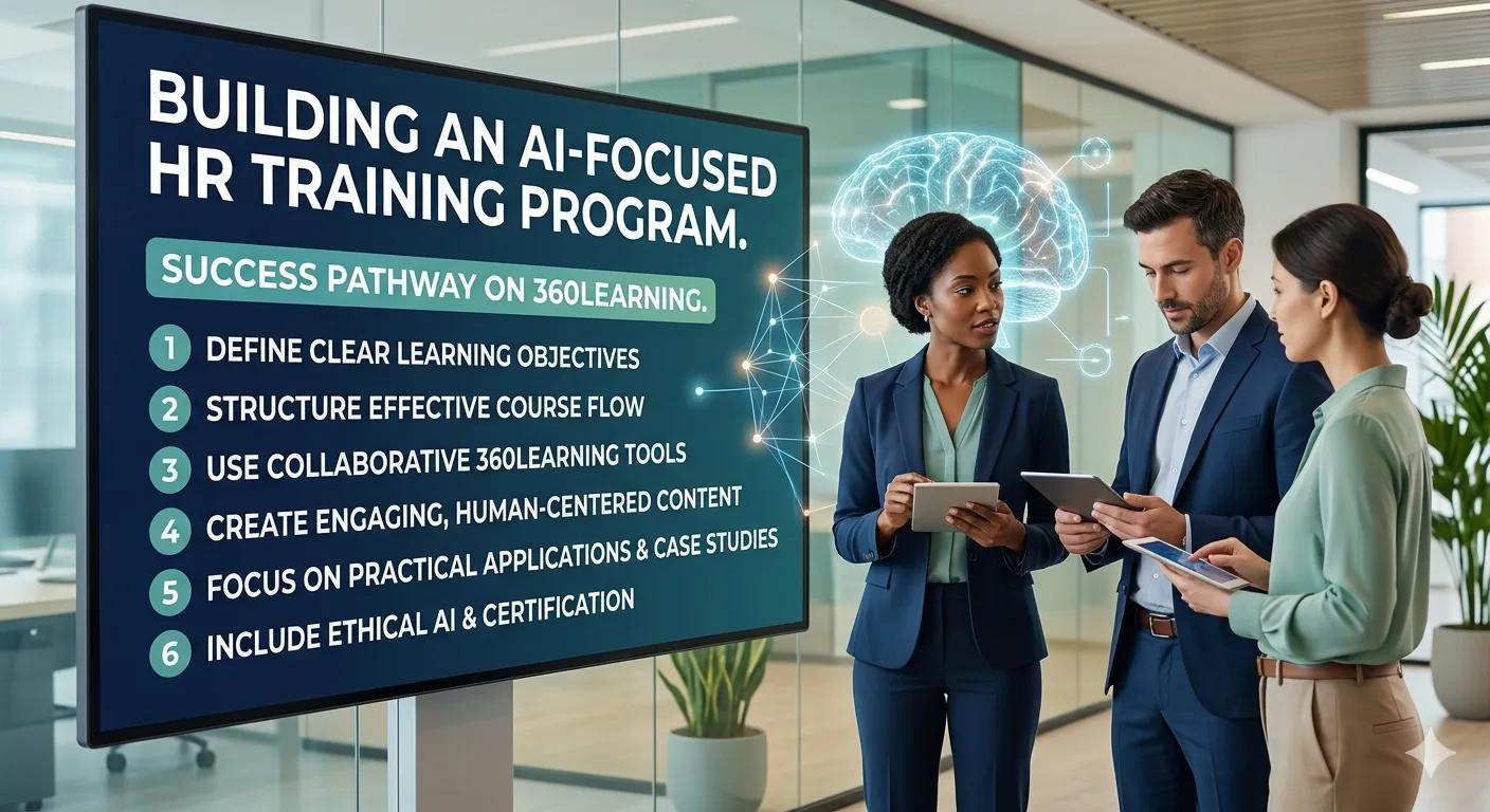 Professional infographic showing how to build AI HR training programs with 360Learning, featuring a success pathway that includes learning objectives, course flow, and ethical AI certification.