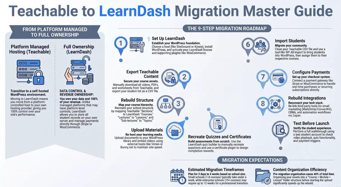 Professional featured image for the Master Guide on migrating from Teachable to a self-hosted LearnDash WordPress site.