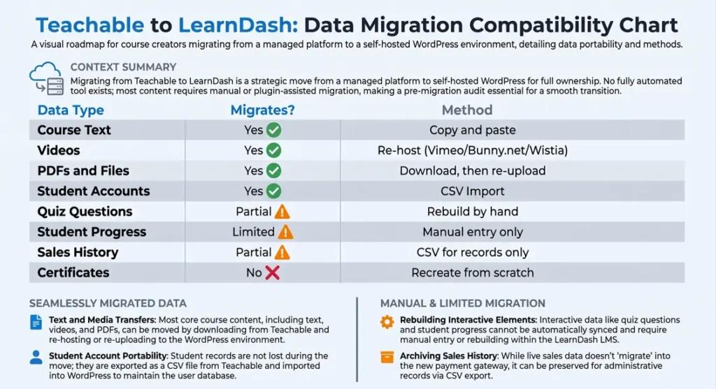 "A professional data compatibility chart designed to help you migrate Teachable to LearnDash. The infographic shows that while course text, videos, and student accounts migrate successfully, other elements like quizzes and certificates require manual rebuilding on WordPress.