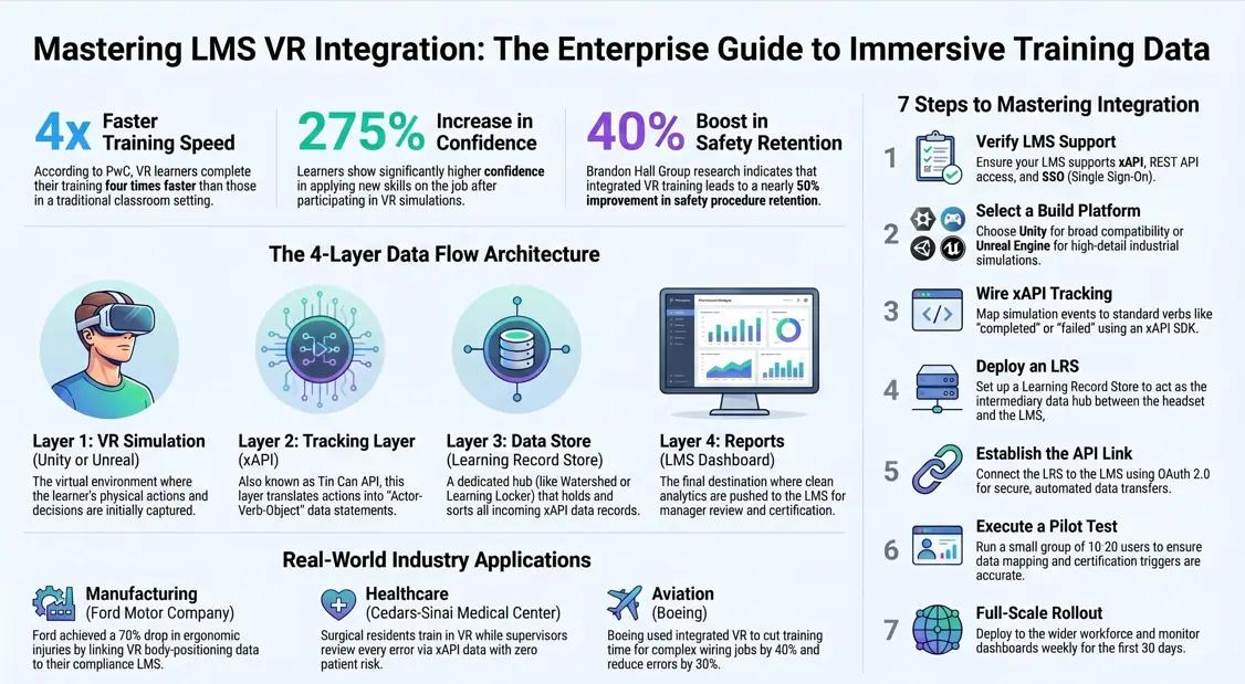 Overview of lms vr integration showing ROI stats, data flow, and the 7-step setup roadmap