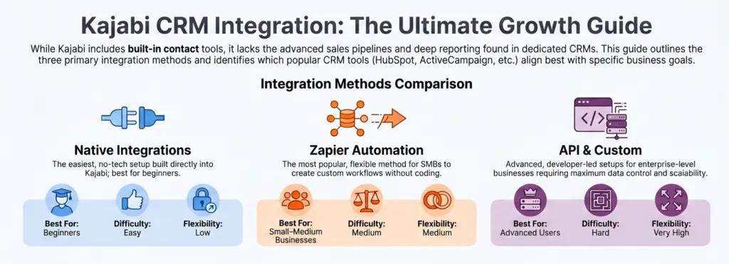 An infographic illustrating a seamless Kajabi CRM integration workflow, showing lead data flowing from Kajabi into external CRMs like HubSpot and ActiveCampaign to trigger automated email sequence and sales pipelines