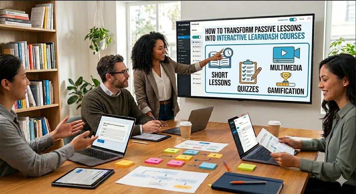 A professional woman at a desk presenting short lessons, quizzes, and gamification for building interactive LearnDash courses.