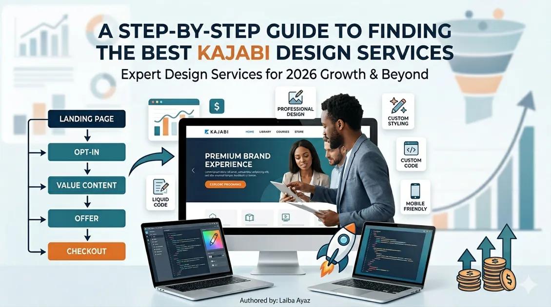 An infographic detailing a 5-step process for hiring professional Kajabi website design services. It features five icon-based steps—Project Scope, Templates, Examples, Technical Skills, and Choosing a Designer—linked by data streams to a central 3D data visualization and a preview of a final premium Kajabi website. Title reads: 'A Step-by-Step Guide to Finding the Best Kajabi Design Services.