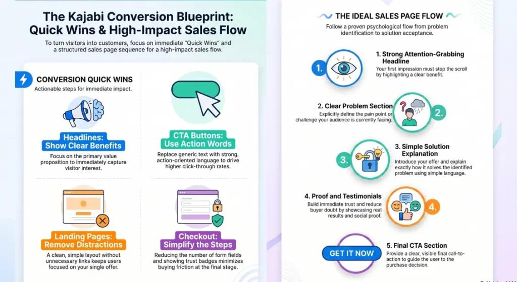 A visual guide for Kajabi conversion optimization highlighting quick wins for headlines and CTAs, alongside a step-by-step sales page flow from headline and problem section to social proof and final call-to-action.