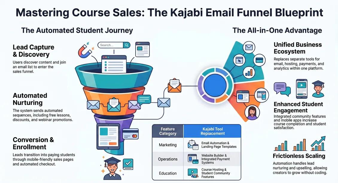 Professional guide to increasing online course sales using kajabi email marketing funnels.