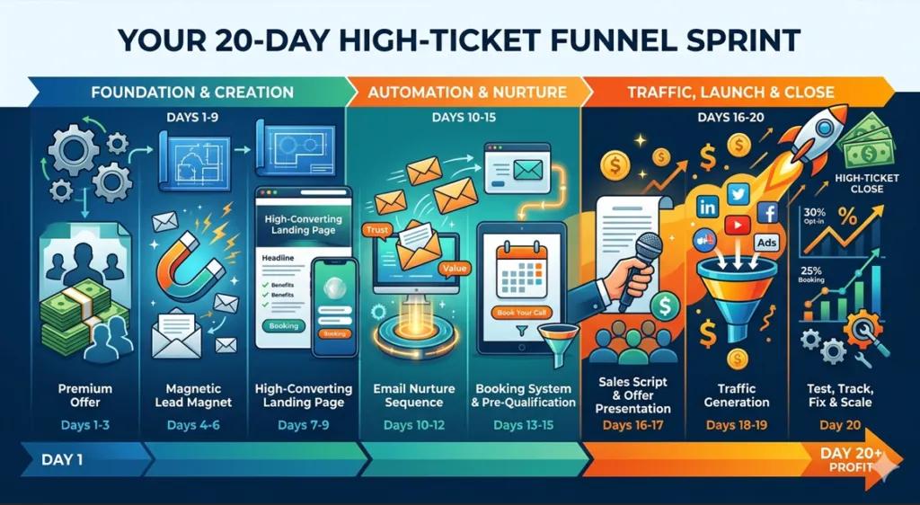 Build a profitable high-ticket funnel with this 20-day sprint. Learn to attract premium clients, automate your sales process, and scale fast using proven digital marketing strategies. Stop overthinking launch your automated funnel today!