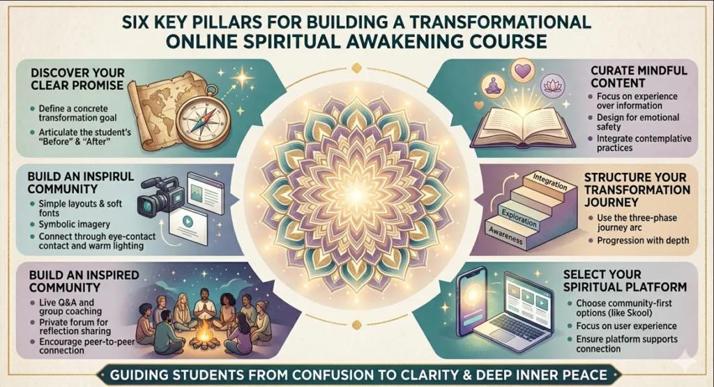 An infographic illustrating Six key pillars for building Spiritual Awakening online course centered around a glowing mandala.