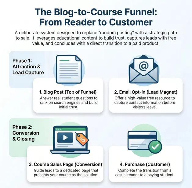 A flowchart illustrating a kajabi blogging strategy that moves readers from a blog post to an email opt-in, sales page, and finally a course purchase