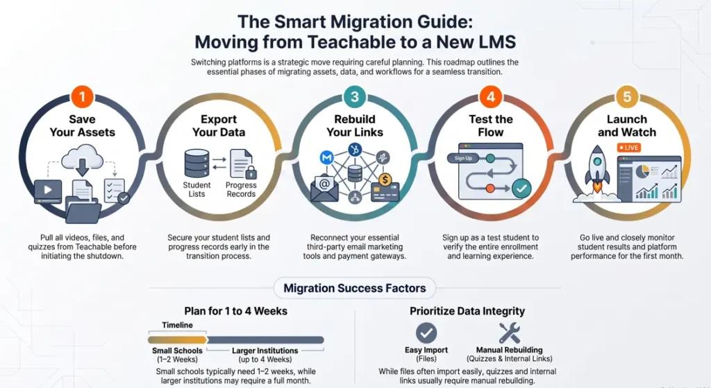 Teachable Alternatives migration roadmap illustrating a professional five-step process for a seamless platform transition
. The graphic details the essential stages of a successful switch: saving course assets, exporting student data, rebuilding integrations, testing the new learner flow, and monitoring the final launch to ensure business continuity.