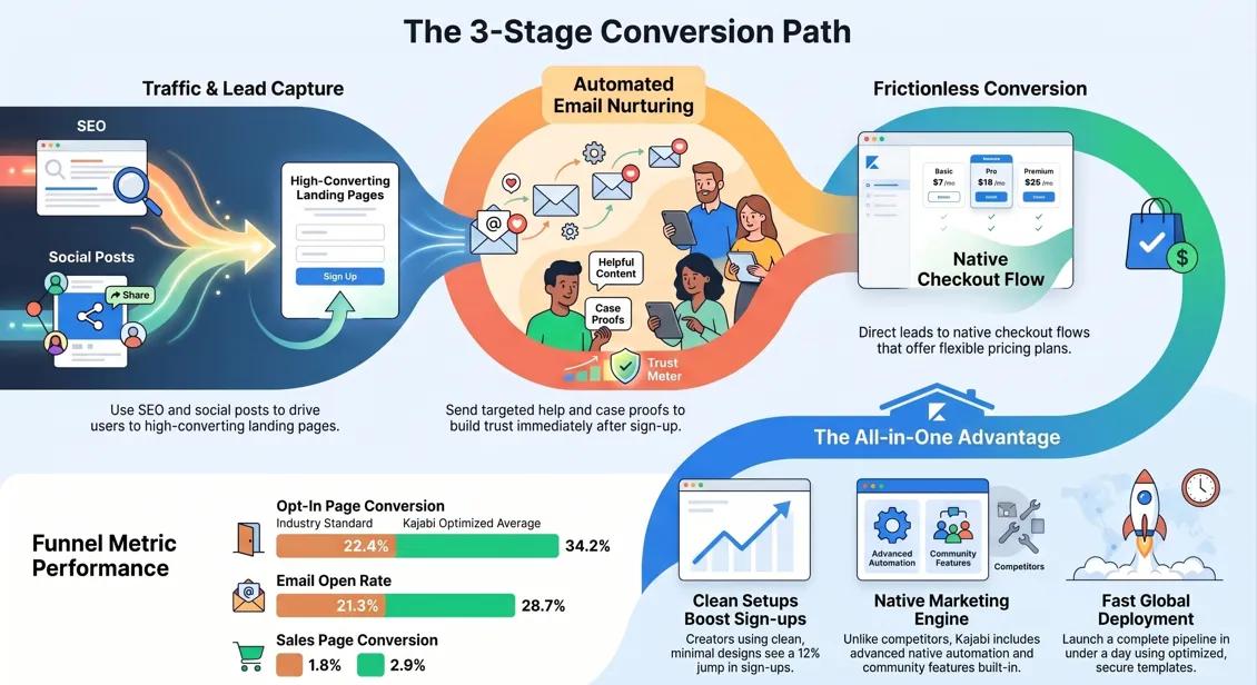 Building trust and nurturing leads through automated kajabi lead generation funnels and community engagement.