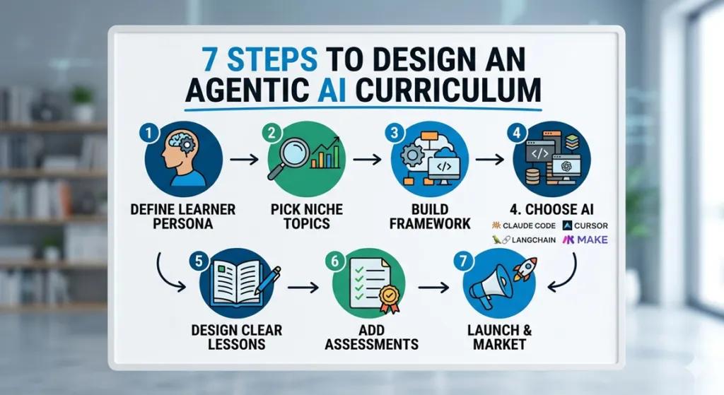 A 7-step clean vector infographic summary flowchart showing the development path for an effective agentic AI curriculum.