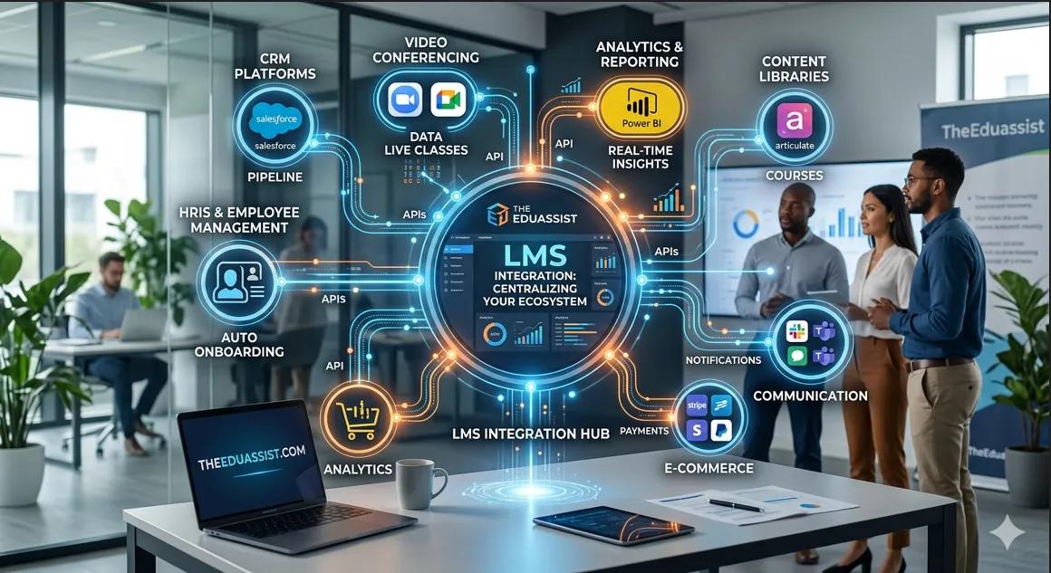 An infographic illustrating an LMS integration hub connecting CRM, Video conferencing, analytics, and HR managent tools
