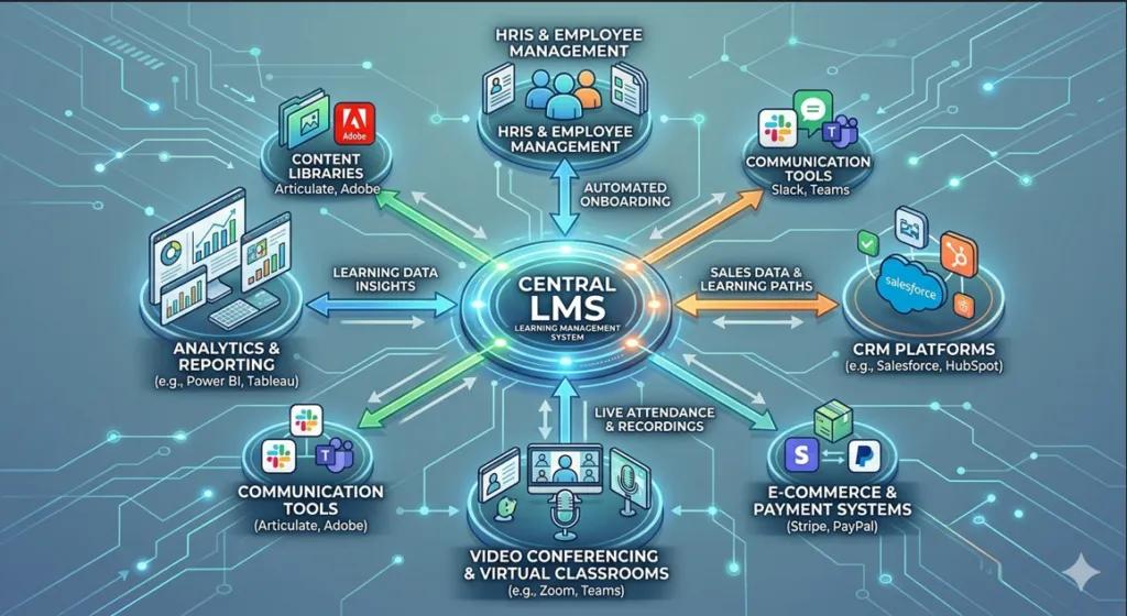 A visual ecosystem diagram showing central hub for LMS integration, linking HRIS, CRM, video conferncing and other tools