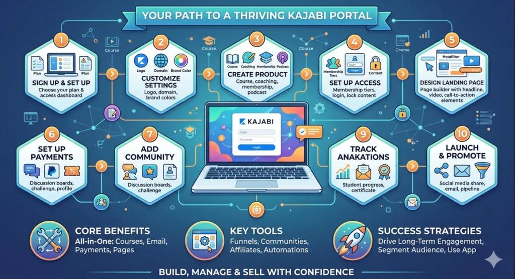 Astep-by-step infographic titled " your pathway to a thriving kajabi portal," showing a 10 step workflow on the Kajabi training platform with a central laptop displaying the main login screen