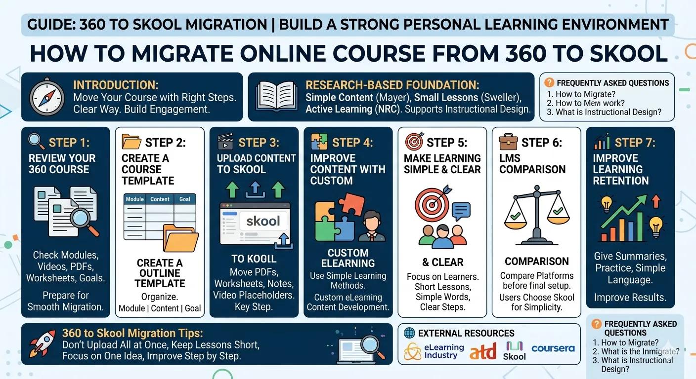 A high-definition infographic guide titled "360 to Skool Migration," showing a professional 7-step process for moving online courses, including research-based foundations and clear instructional design steps
