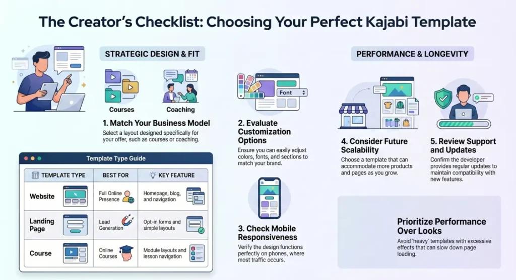A professional checklist for choosing high-quality Kajabi templates, focusing on business model fit, mobile responsiveness, and customization options.