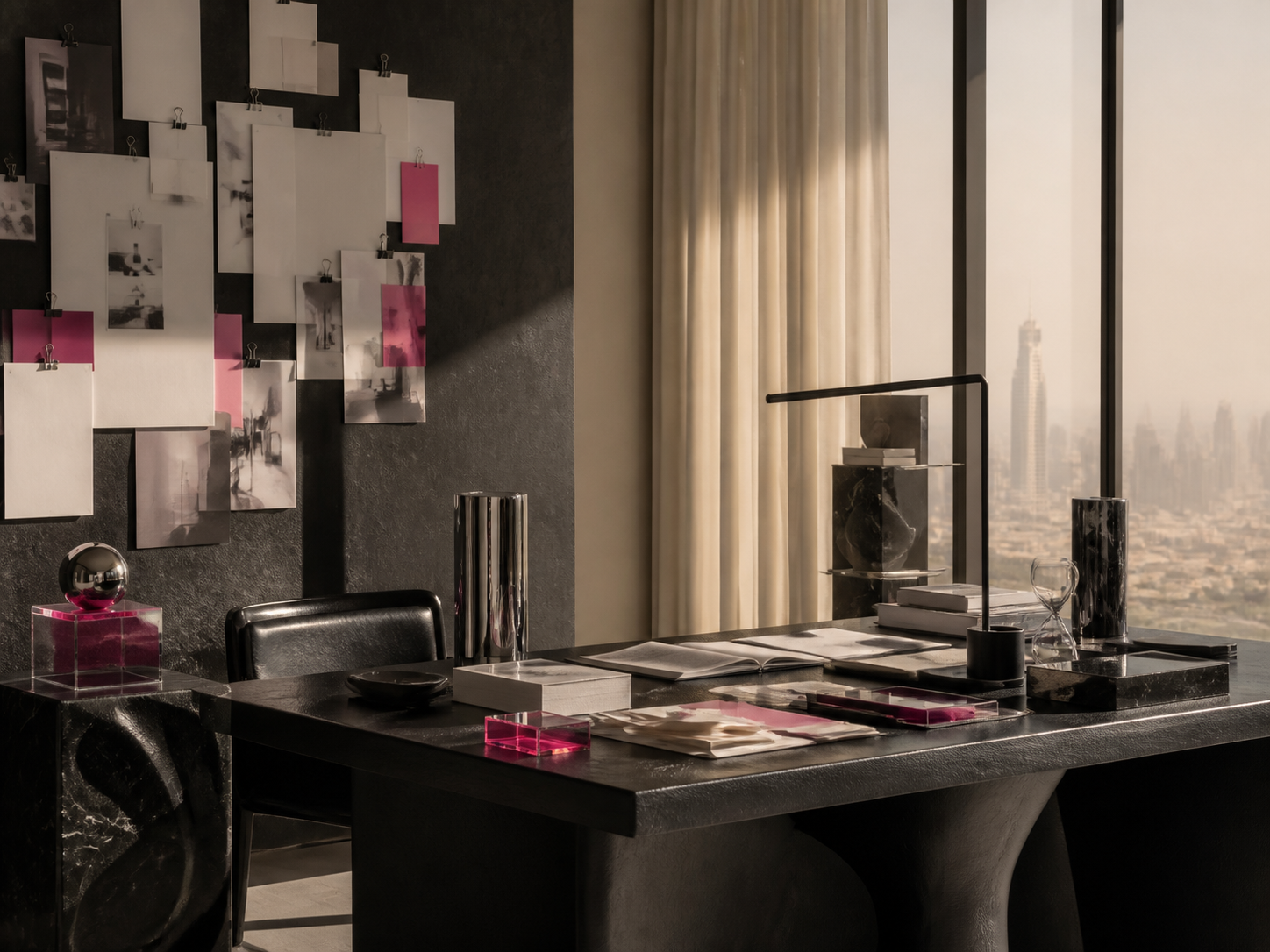 Editorial creative studio in Dubai with black, ivory and pink details