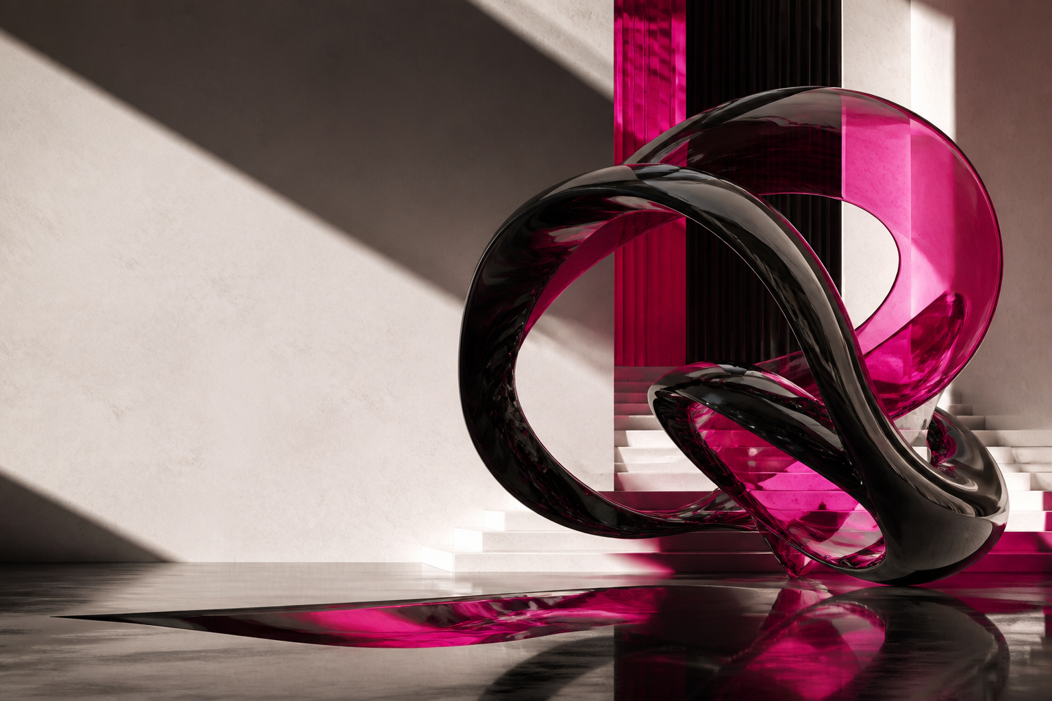 Black and pink glass sculpture in a premium architectural setting