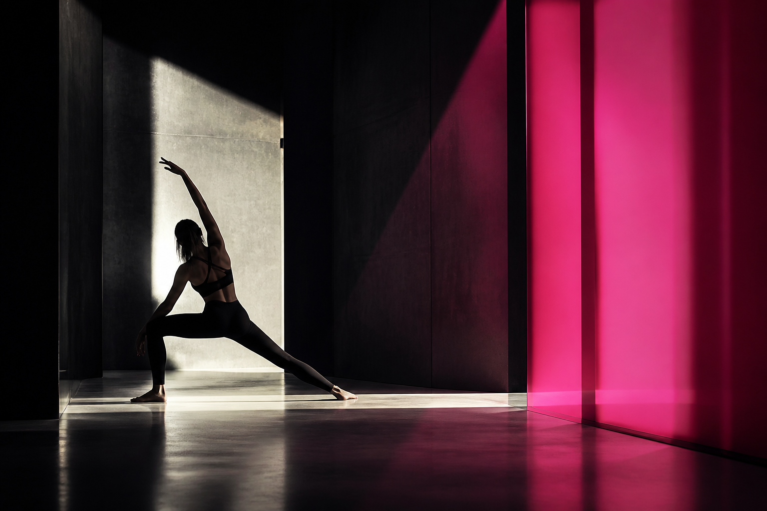 Editorial movement campaign in a dark pink studio