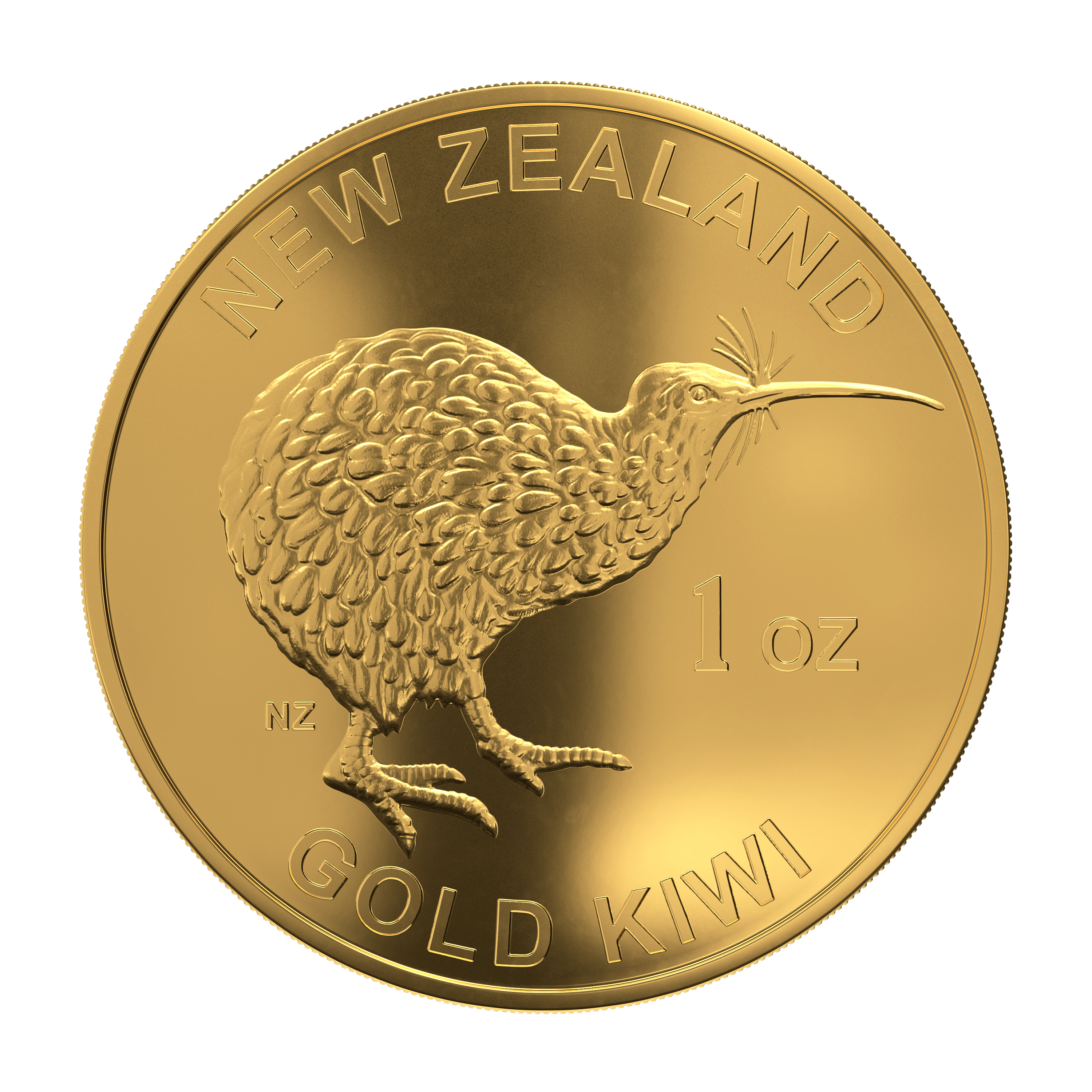 Gold coin featuring an embossed kiwi bird in profile on a black background. Text reads "New Zealand Gold Kiwi 1 oz." The tone is elegant and polished.